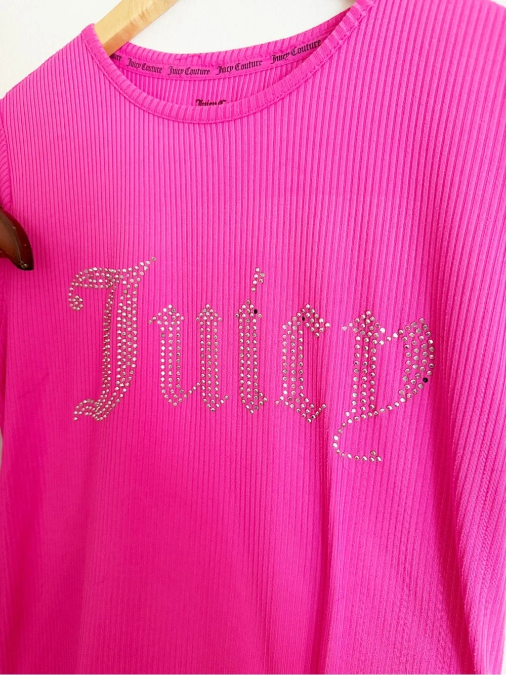 Juicy Couture Bright Pink Ribbed Two-Piece Sleep Set with Jeweled Logo large